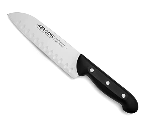 Coltello Santoku in Acciaio Inossidabile Nitrum – Coltello da Cucina Giapponese per Pesce, Carne e Verdure, Manico Ergonomico in Poliossimetilene POM, Lama da 170 mm – Nero, Serie Maitre
