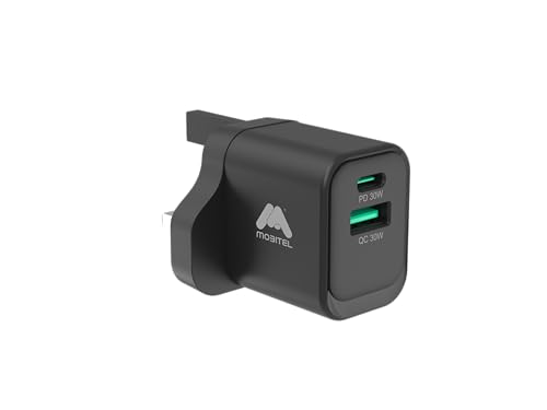Mobitel 33W GaN Fast Wall Charger with USB-C & USB-A Dual Port PD Quick Charge Plug Compact UK 3-Pin Power Adapter for iPhone Samsung Pixel iPad (Black)