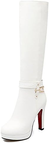 Summerwhisper Women's Elegant Strap Plain Round Toe Side Zipper Chunky High Heel Platform Knee High Biker Boots Shoes White 8 B(M) US