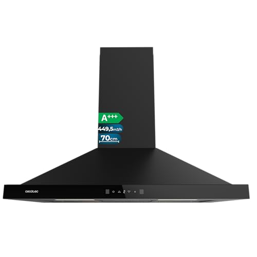 Cecotec Campana Extractora Piramidal 70 cm Bolero Flux PT 704400 Black A+++. Cristal Frontal en Negro, Succión 449,5 m³/h, Control Táctil Invisible, Función Booster, Filtros Lavables, Clase A+++