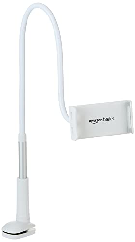 Amazon Basics Universal Mobile & Tablet Holder | 360 Degree Rotation, Long Flexible Alloy Arm | Stand for Desk, Table, Bed, Kitchen, Bathroom for 4.6-Inches to 10.4-Inches Tablet/ Smartphones (White)