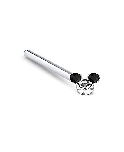 925 Sterling Silver L Bend Nose Stud Ring Mickey Mouse Black/Clear 22G