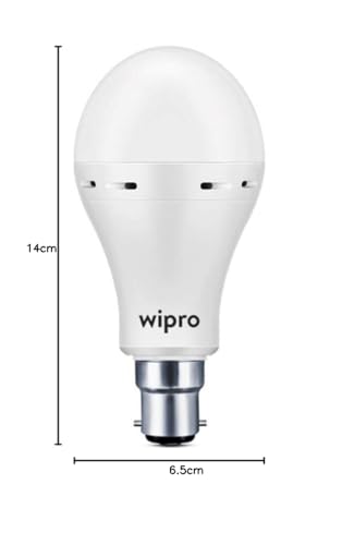 Wipro Garnet 12w LED Emergency Bulb | Cool Day White (6500K) | B22 LED Bulb Base | Inverter Bulb for home, with 4 Hours battery back up| Li-ion Battery | Over charging Protection | Pack of 1 2