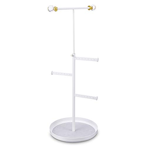 Keebofly Jewelry Tree Stand Organizer - Metal Necklace Organizer Display with Adjustable Height for Necklaces Bracelet Earrings and Ring White