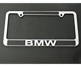 BMW Black Carbon Fiber Vinyl Decal Cut reverse with Top Stripe on Chrome Metal License Frame with screw caps included