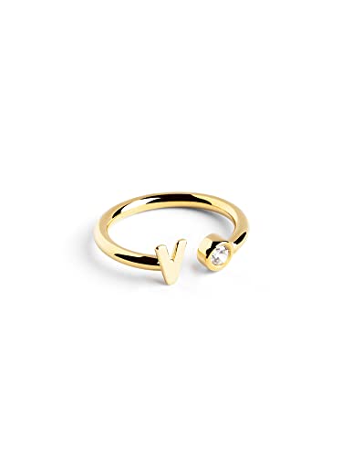 - Anillo Personalizado Letter Spark. Ajustable. Plata de Ley 925 con Acabado Baño de Oro de 18 Kt. Talla Unica. Joyas para Mujer. Letra V
