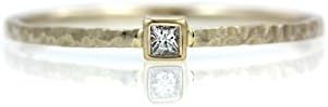 Petite Square Diamond Two Tone Hammer Texture Stacking Minimalist Ring - 14k Palladium White Yellow Rose Gold - Wedding Engagement Promise Ring - April Birthstone