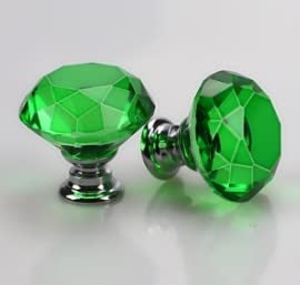 Boxonly 2Pcs Green Crystal Cabinet Door Knobs 40mm Cupboard Dresser Drawer Flat Diamond Pull Handles with M4x22mm Screws