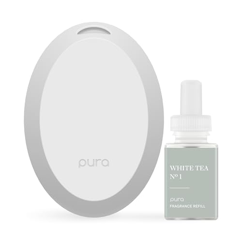 Pura Mini Smart Fragrance Diffuser for Small Spaces Adjustable Smart Home Device with LED Light & Automatic Vial Detection - Includes 1 Scent Refill; White Tea no.1