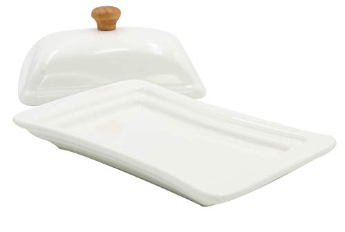 Ceramic Shabby Chic White And Bamboo Butter Dish Wide Butter Container Margarine Keeper With Lid - Thumbnail 4