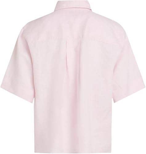 Linho Relaxado Camisa de Manga Curta Feminina, Rosa (Rosa Claro), 32
