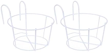 Ezzu Crafts Pack of 2 Round Metal Hanging Railing Planters,Hanging Railing Planter Flower Pot Holder Basket Iron Art Rack Fence Shelf Container for Balcony,Garden,Indoor and Outdoor (White)