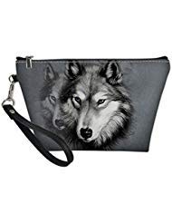 Showudesigns Grey Wolf Makeup Bag Organizer Women Leather Toiletry Pouch Waterproof