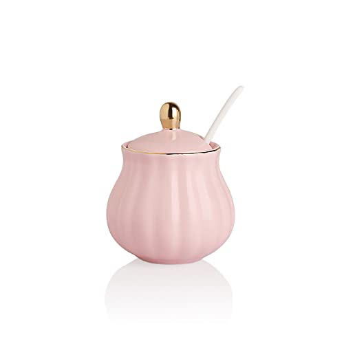Sweejar Royal Ceramic Sugar Bowl, 8 Ounce Sugar Container with Spoon and Lid, Porcelain Salt Bowl Salt Container, Sugar Holder for Coffee Bar, Home and Kitchen(Pink)
