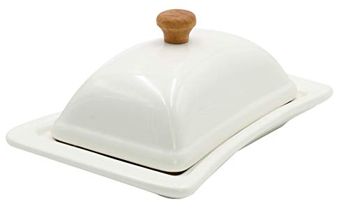 Ceramic Shabby Chic White And Bamboo Butter Dish Wide Butter Container Margarine Keeper With Lid - Thumbnail 3