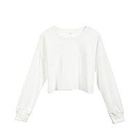 TUSFTAY Women Long Sleeve Crewneck Crop Top Pullover Sweatershirt Blouse Top (S, White)