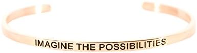 Simply Mantra Inspirational Adjustable Cuff Band, 20 Bracelet Phrases in Silver, Gold or Rose Gold 316 L Stainless Steel (IMAGINE THE POSSIBILITIES; ROSE GOLD)