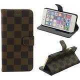 iPhone 7 Plus, Luxury Brown Checker Faux Leather Fashion Designer Wallet Flip Cover Skin Case Stand