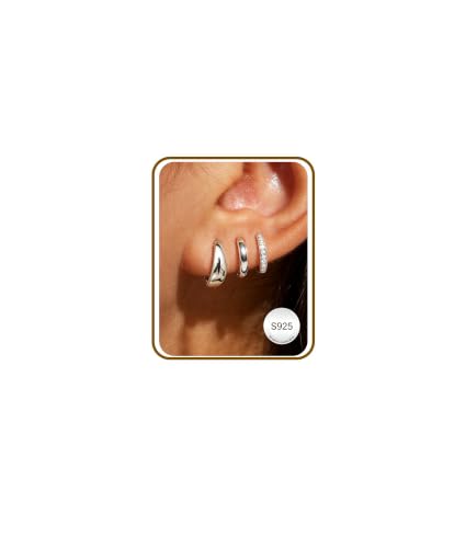 DORANA Jewelry for Her Gift 3 Pairs 925 Sterling Silver Earrings for Women Non Tarnish 14K Gold Plated Small Hypoallergenic Huggie Hoops Cartilage Stack Earring Sets for Multiple Piercing