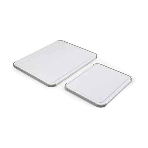 KitchenAid Classic Nonslip 2-Piece Plastic Cutting Board Set with Perimeter Trench and Non Slip Edges, 2-Piece Kitchen Chopping Boards, Dishwasher-Safe, White and Gray