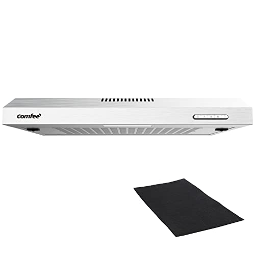 COMFEE CHU 3.6F17BS - Cappa aspirante da 60 cm, in acciaio inox, filtro in alluminio rimovibile, flusso d'aria 200 m³/h, 2 livelli, 1 luce LED, Inox, acciaio inossidabile e argento