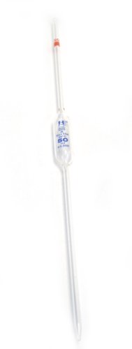 Bulb Form Pipette, 50ml - Class B, Tolerance ±0.100 - Blue Graduations - Color Code, Red - Borosilicate Glass - Eisco Labs