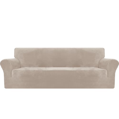 MAXIJIN Extra Large Velvet Sofa Cover for 4 Seater, Super Elastic Non-Slip Sofa Cover, XL Size, Pet Friendly Protector 1 Piece (4 Seater, Khaki)