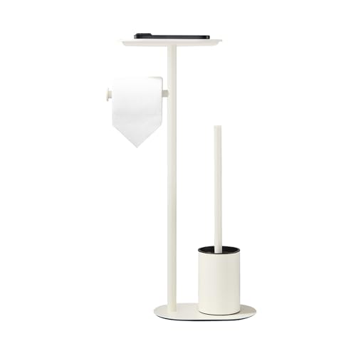 BGL White Stainless Steel Freestanding Toilet Brush Set - Toilet Brush and Toilet Brush with Toilet Paper Holder, 3 in 1 Set with Shelf, Modern Design