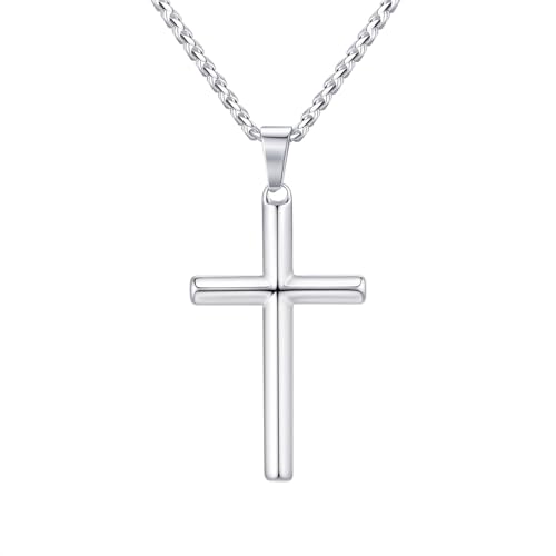 VNOX Collar Cruz Hombre Plata - Cruz Acero Inoxidable Plateada Cadena Collar con Colgante Cruz Cadena Plata para Hombre y Niños