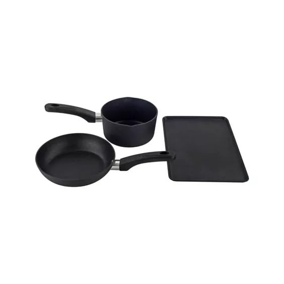 Scoville Pure Neverstick Starter Set 3pcs Saucepan Set,16cm Milk pan, 20cm Frying pan, 31cm Baking Tray, Suitable for All Hobs Including Induction, PFOA Free, Cool-Touch Handles, Aluminium, Black