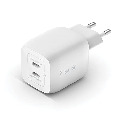 Belkin 45-W-USB-C-Ladegerät mit 2 Ports, Schnellladen mit Power Delivery 3.0 und GaN-Technologie für MacBook Pro, iPhone 17, iPhone Air, iPad, Galaxy