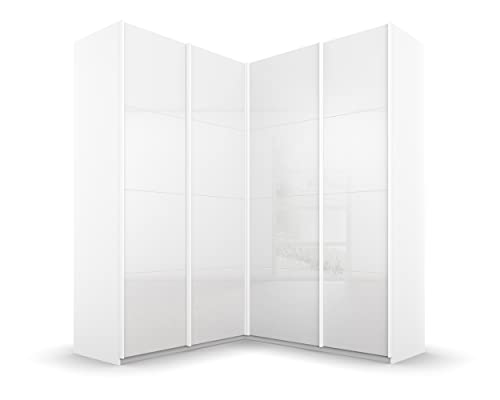 Rauch Möbel Quadra Schrank Eckschrank Schwebetürenschrank, Hochglanz Weiß/Weiß, 4-TRG., inkl. 2 Kleiderstangen, 12 Einlegeböden, BxHxT 181x229x187 cm