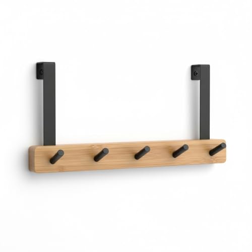 Cabide de Porta em Bambu e Aço, 5 Ganchos, Sem Furos, 34 cm x 17 cm, Organizador para Roupas e Acessórios (Preto)