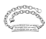 Angelus You are Braver than you believe Embossed Words Hook Cuff Inspirational Metal Bangle Bracelet with Heart Charm Silver