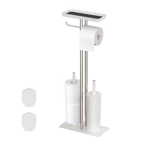 Relaxdays toilet set, stainless steel, shelf & roll holder, freestanding, 3 in 1, HWD: 77x30x15cm, toilet stand, white