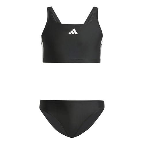 adidas Girls 3-Stripes V-Back Bikini Swimwear, Black/White, 11-12 Years