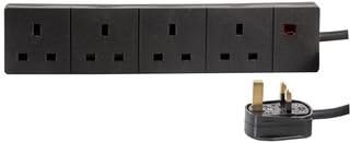 Extension Lead 4x Electrical Socket to Mains Plug Lead four way QUAD GANG 1m to 10m WHITE / BLACK Colour. 13A 240v 3KW. UK 3-Pin plug and socket Quality mains electrical cable electric power cord (1M, BLACK)