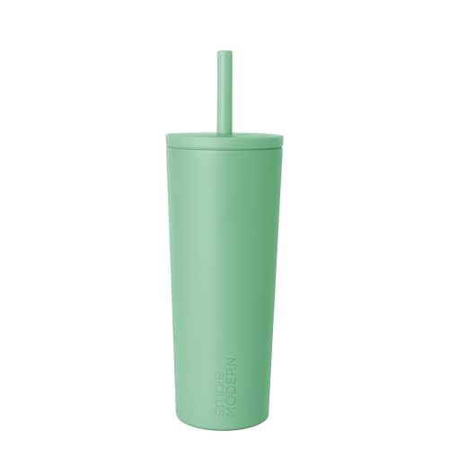 Simple Modern Ceramic Lined Iced Coffee Cup with Straw | 24oz, Green