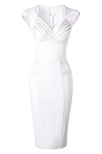 Newdow Lady's 50s Vintage V-Neck Capsleeve Pencil Dress (Small, White)