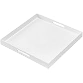 BEYLANG Glossy White Sturdy Acrylic Serving Tray with Handles-24x24Inch-Serving Coffee,Appetizer,Breakfast,Butler-Kitchen Countertop Tray-Makeup Drawer Organizer-Vanity Table,Ottoman Tray-Decorative