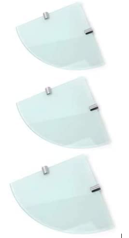 Set of 3 White 150mm 6" approx 6mm thickness Toughened Glass Corner Shelves for Bathroom Bedroom Office with Chrome Finish Shelf Supports