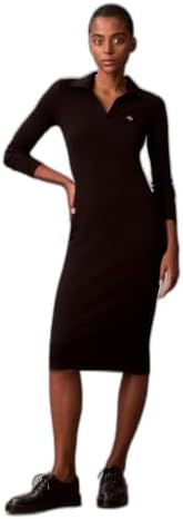 Vestido Tipo Polo Mujer Woven Label Midi de Punto Acanalado, Negro (Black), S