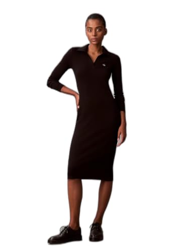 Damen Polokleid Woven Label Midi Gerippt, Schwarz (Black), S