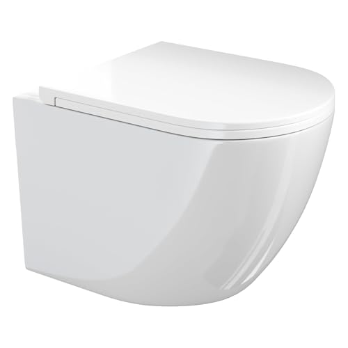 VILSTEIN Hänge WC mit 360° Tornado-Spülung, Spülrandloses Wand-Toilettenbecken aus Keramik, geräuscharm, inkl. WC-Sitz mit Absenkautomatik – Weiß, [49