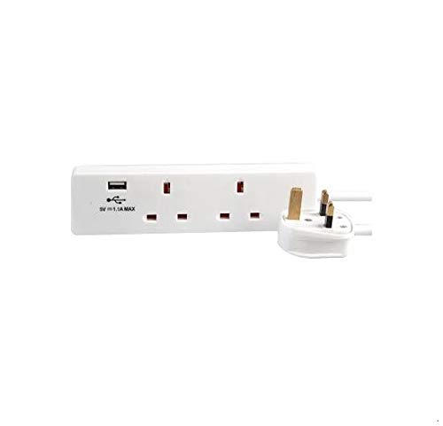 Pro Elec 2-Gang Mains Extension Lead with USB, 1m,white usb