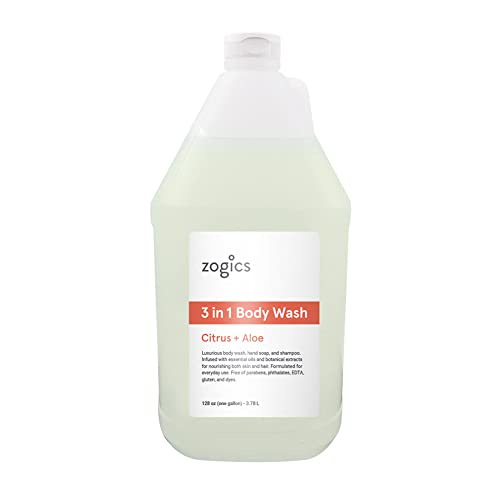 Zogics 3-in-1 Body Wash – Body Soap, Shampoo, and Hand Soap Liquid Refill All-in-One, Hydrating Plant-Based Formula, Refreshing Citrus + Aloe Scent (4 Gallons/Case)