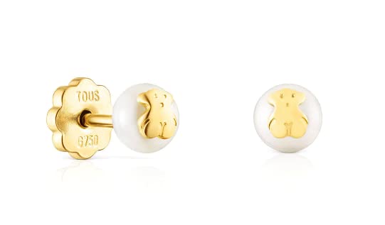 TOUS Women's 18k Gold Earrings with Bear Pattern and Cultured Pearl with Snap Closure, Elegant and Timeless, Icon Pearl Collection