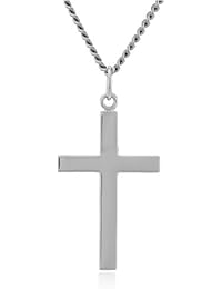 Men's Sterling Silver Solid Polished Cross with Lord's Prayer Inscription and Stainless Steel Chain, 24"