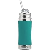 Pura Kiki 11oz/325ml Stainless Steel Straw Bottle w/Sleeve - 100% Plastic-Free, MadeSafe Certified, 100% Medical-Grade Silicone Straw for Kids, Toddlers, Preschoolers, Babies & Infant - New Mint