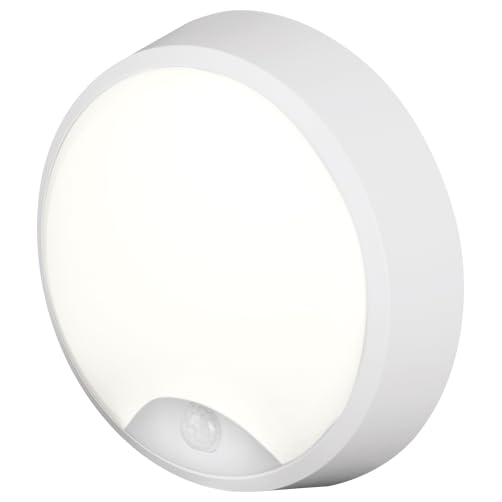 4lite Pylus Outdoor Round Wall Light (White) 1100lm Motion Sensor Bulkhead IP54 LED Integrated Exterior Light - 4L2/3215/PIR - 4Yr Guarantee